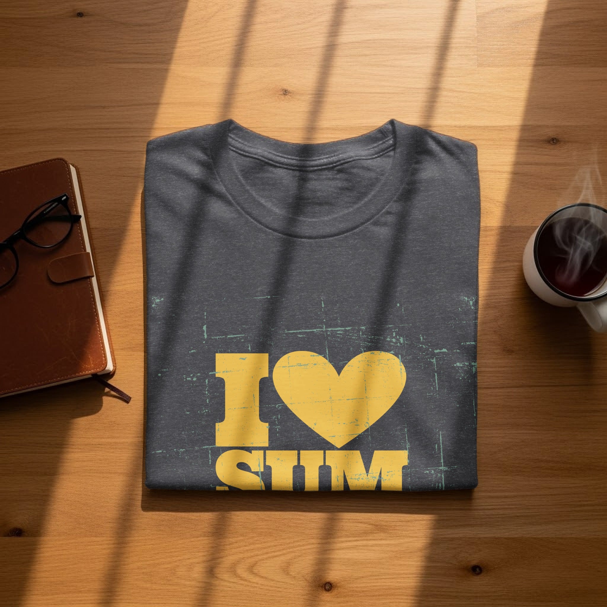 Dark grey t-shirt with yellow "I ❤️ SHM" graphic on wooden surface.