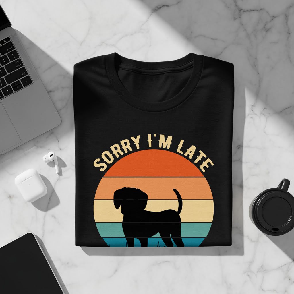 Black t-shirt with retro dog sunset graphic and "Sorry I'm Late" text.