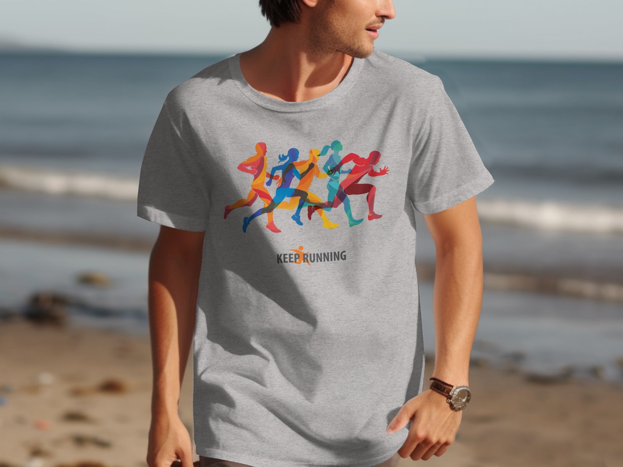 Grey t-shirt with colorful abstract runners graphic and "Keep Running" text.