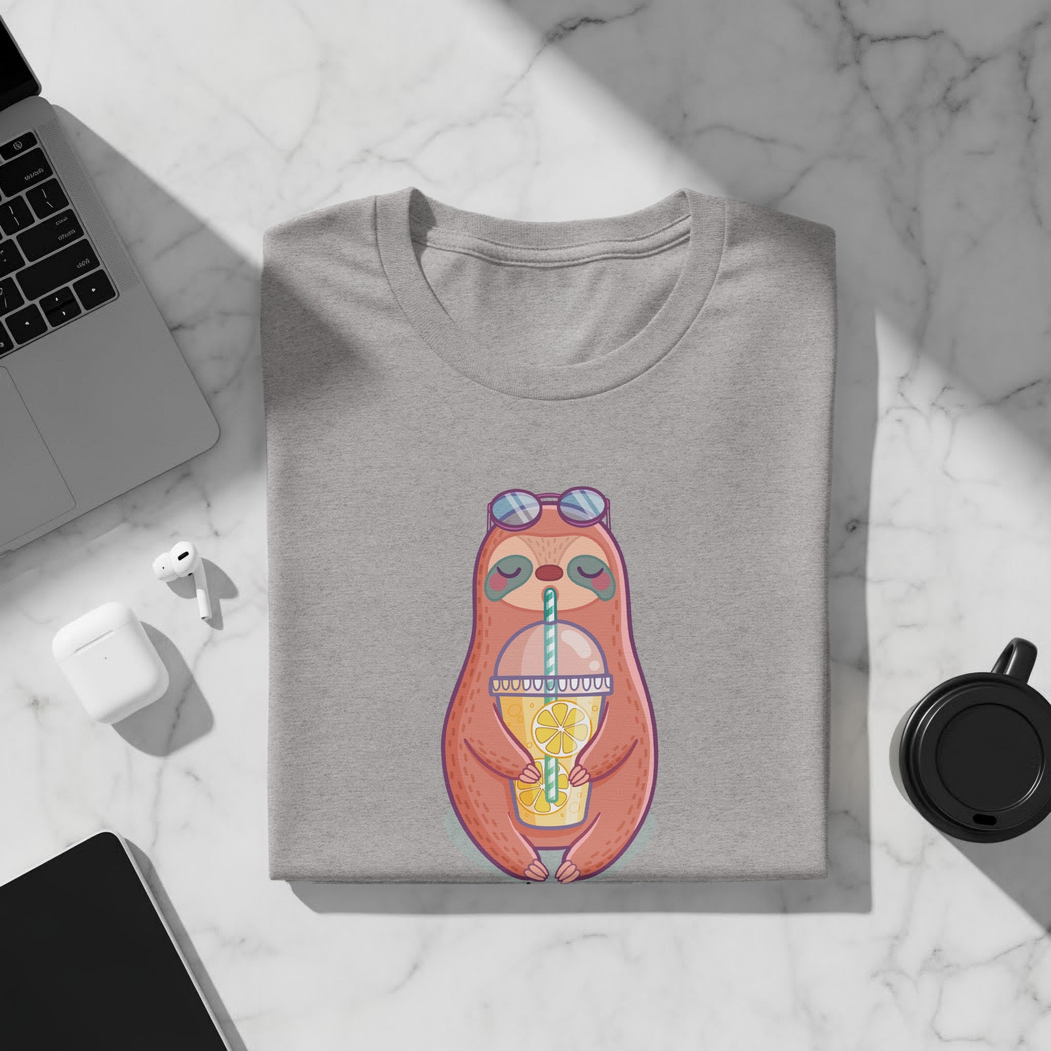 Grey t-shirt with a cartoon sloth wearing sunglasses, holding a lemonade drink.