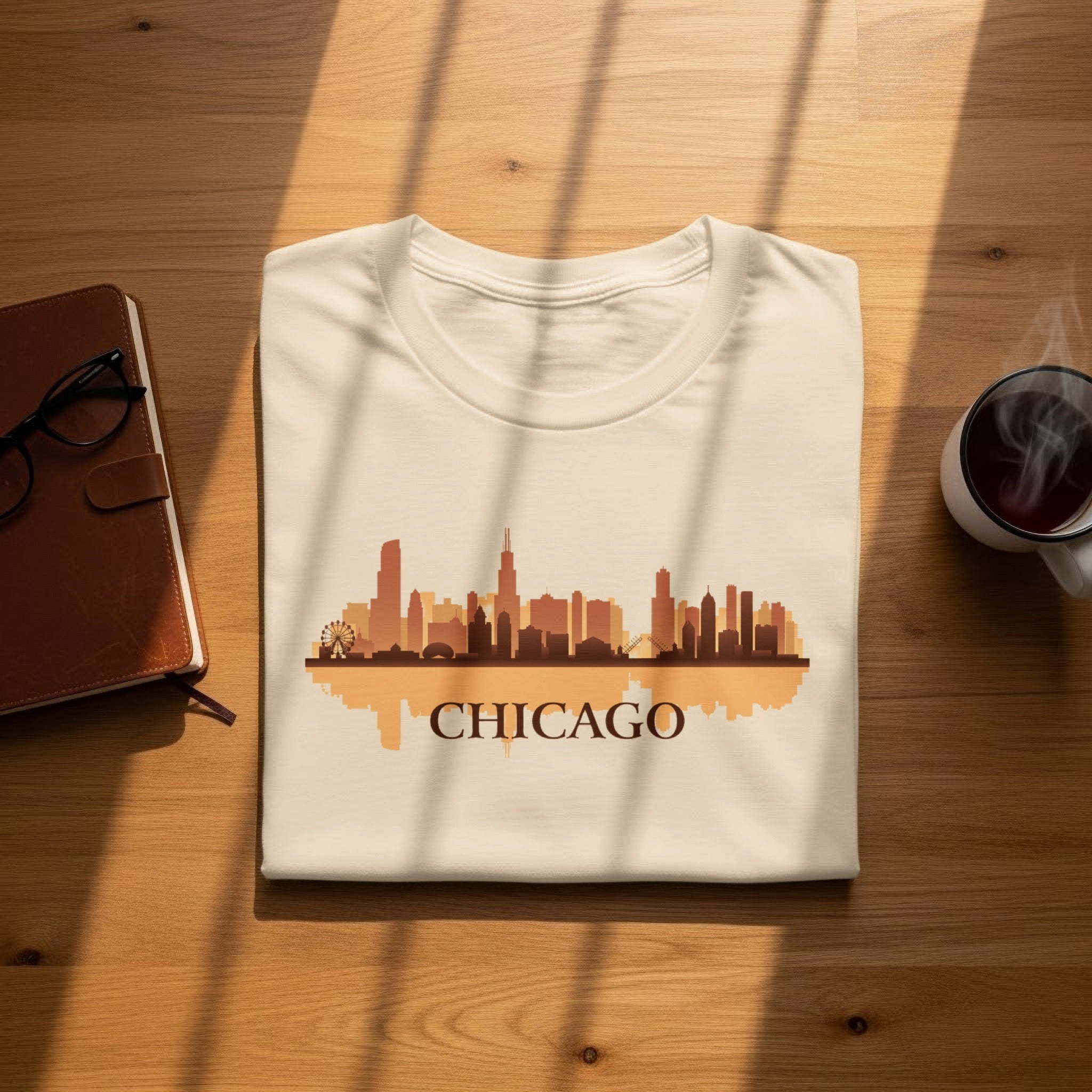Cream t-shirt with Chicago skyline graphic and text on wooden surface.