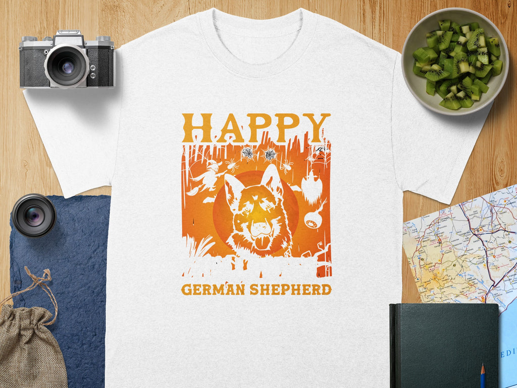 White t-shirt with orange graphic of a German Shepherd and "HAPPY GERMAN SHEPHERD".