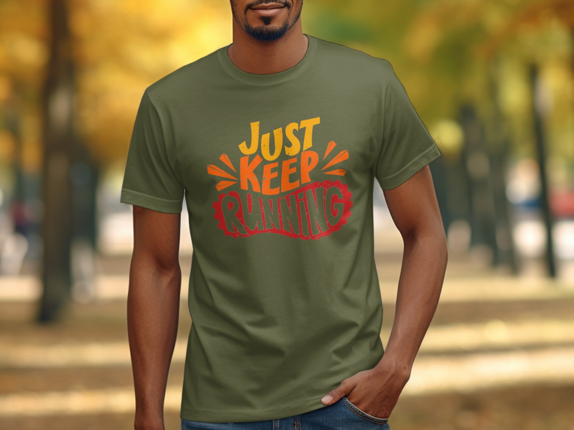 Olive green t-shirt with "JUST KEEP RUNNING" text and graphic.