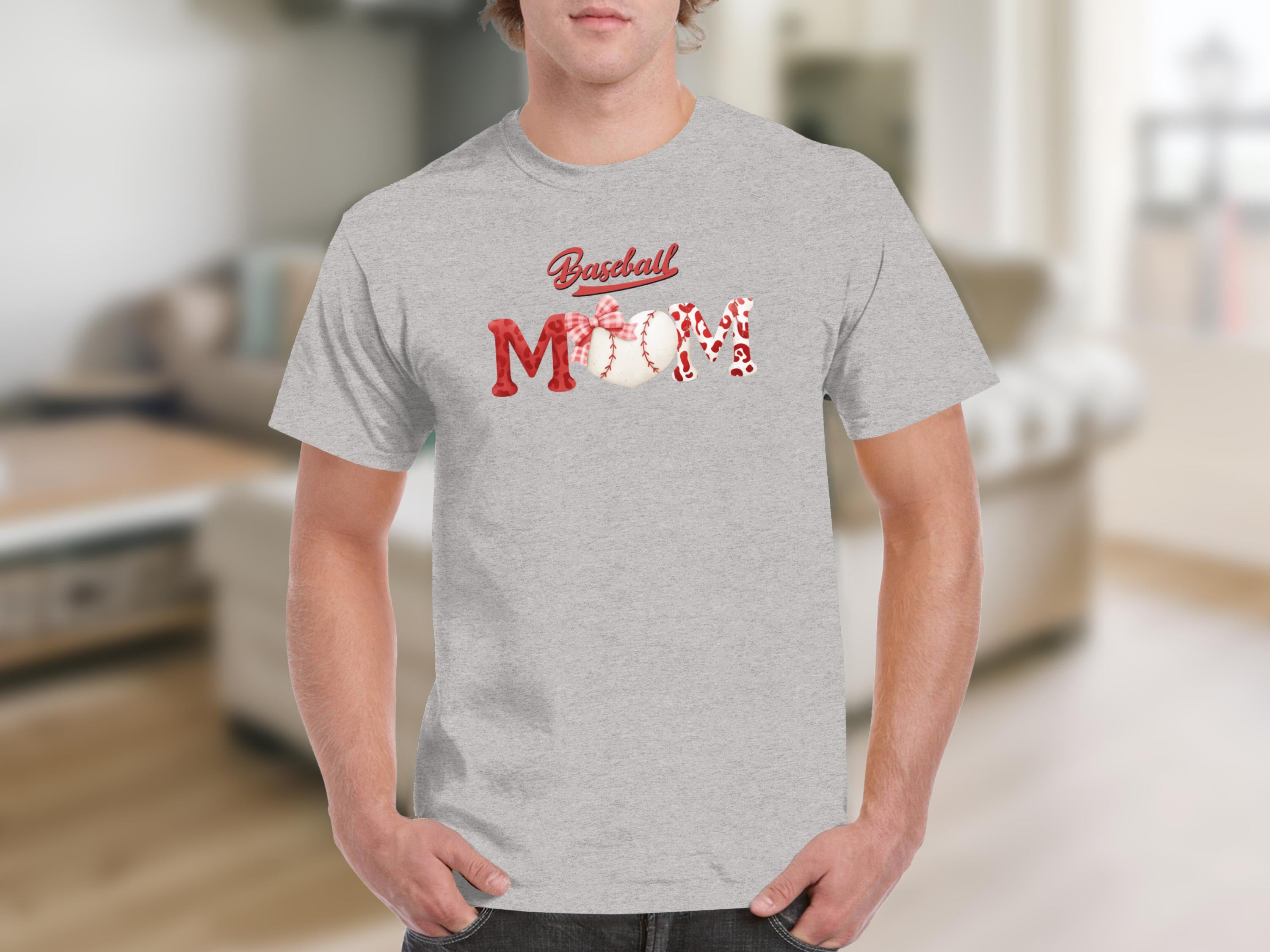 Gray t-shirt with "Baseball MOM" text featuring a baseball and gingham bow.