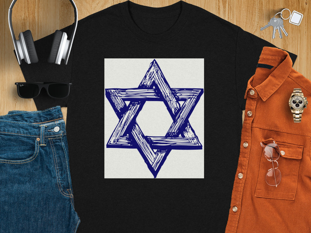 Black t-shirt with a sketched blue Star of David graphic on a white background.