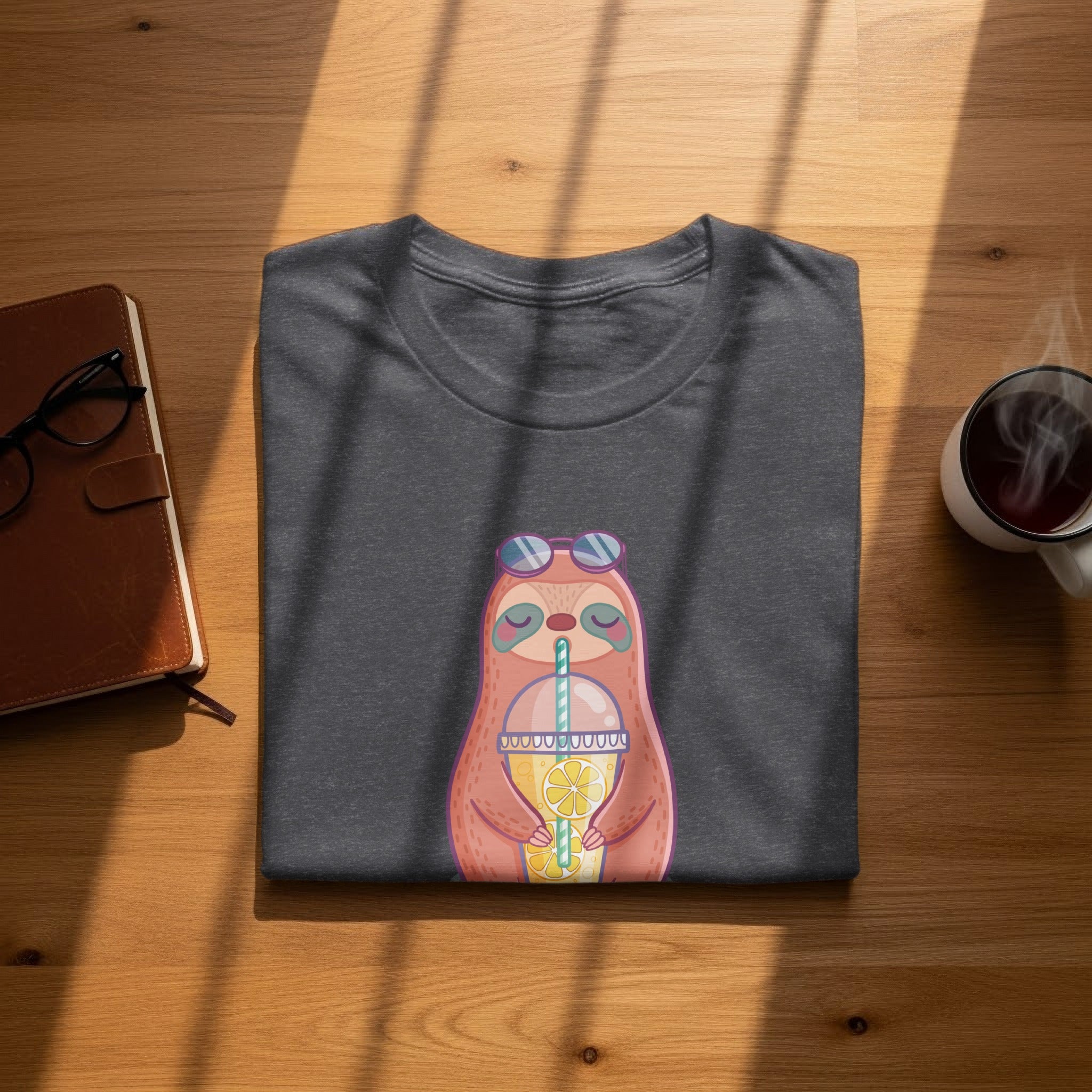 Dark grey t-shirt with a cartoon sloth drinking lemonade and wearing sunglasses.