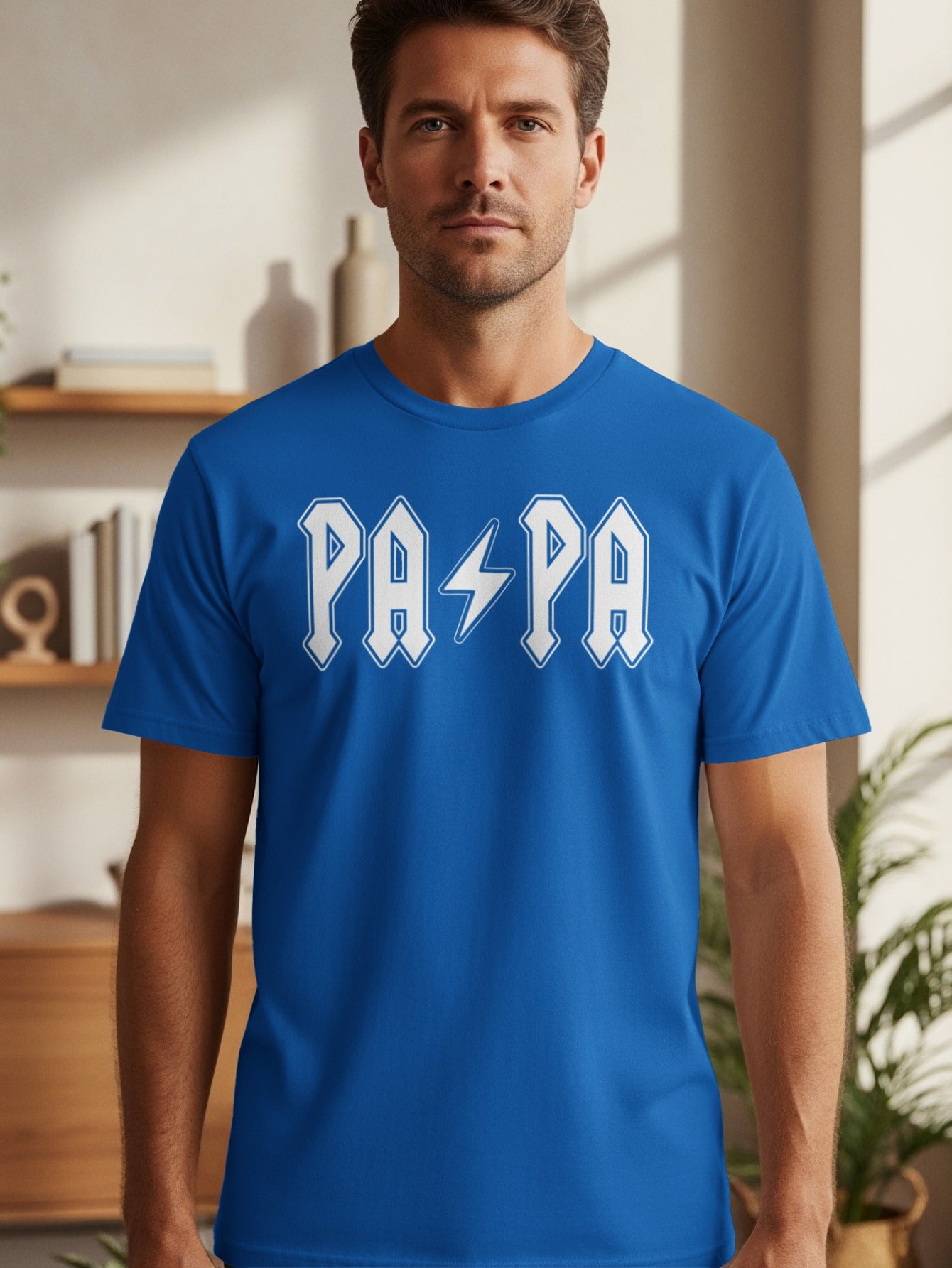 Blue t-shirt with white "PAPA" text and a lightning bolt.