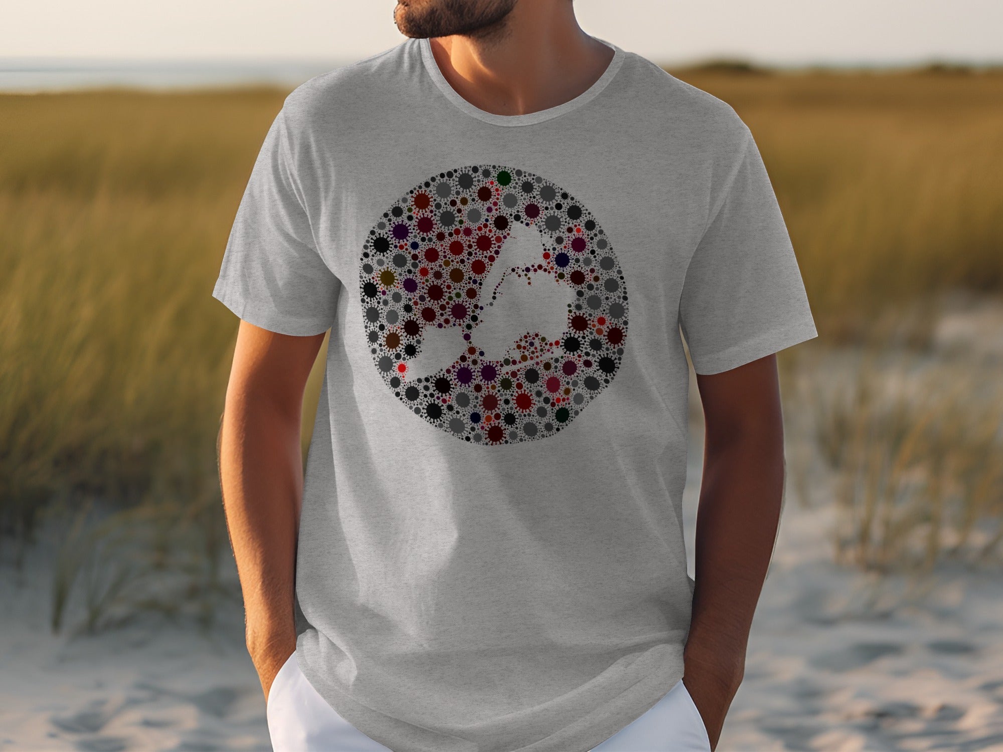 Grey t-shirt with a circular graphic of a DNA helix made of colorful virus particles.
