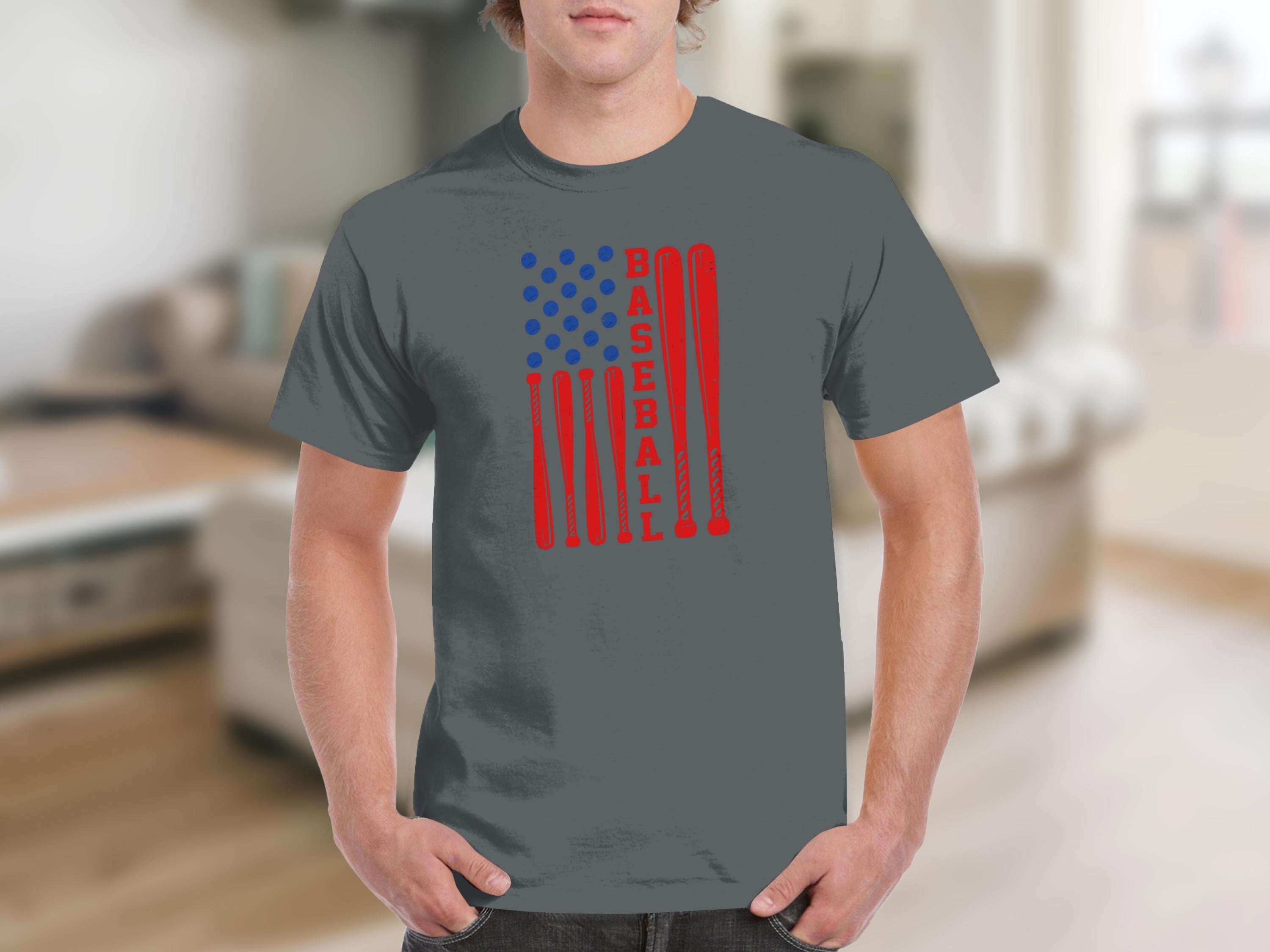 Gray t-shirt with American flag design using baseball bats and balls.