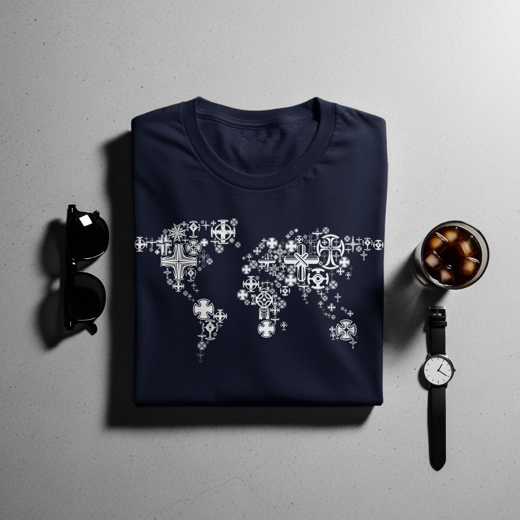 Navy t-shirt with a world map design made of white crosses and religious symbols.