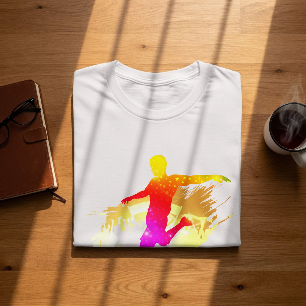 White t-shirt with a colorful silhouette of a soccer player and abstract splashes.