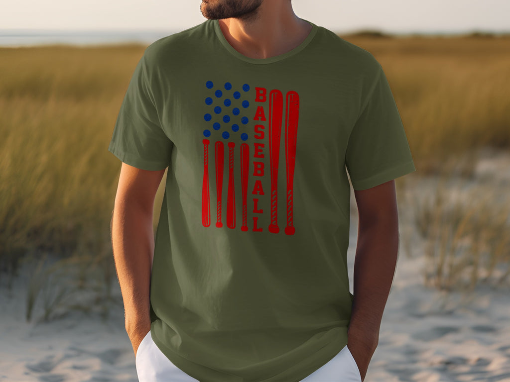 Men's olive green t-shirt with baseball bat American flag graphic.