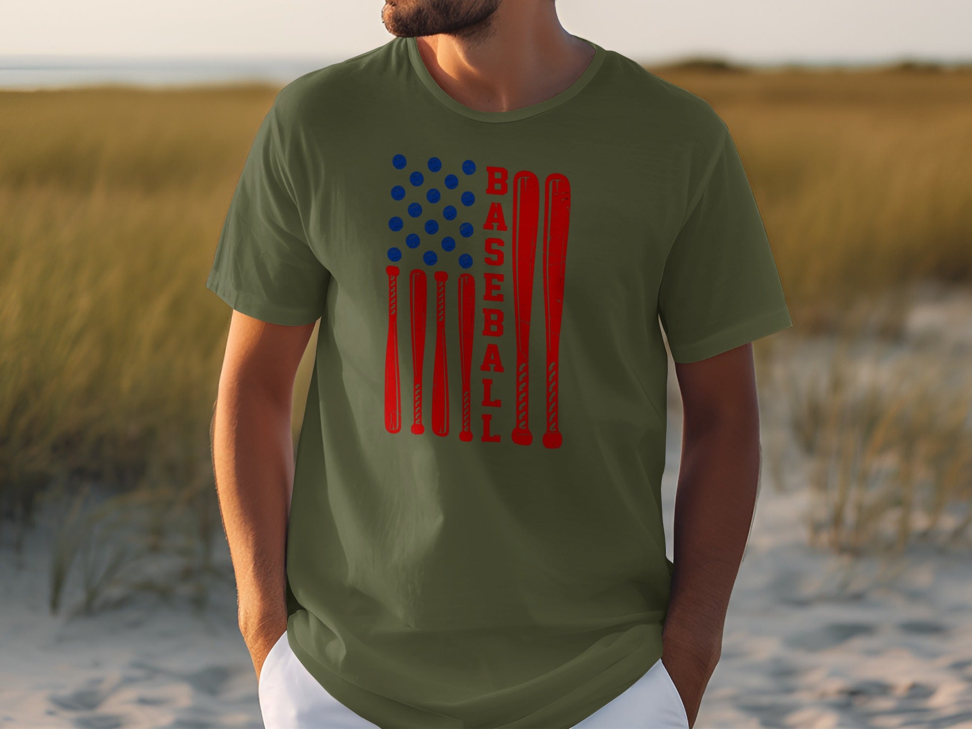 Men's olive green t-shirt with baseball bat American flag graphic.