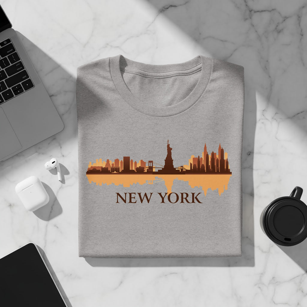 Grey t-shirt with a New York City skyline graphic and text.
