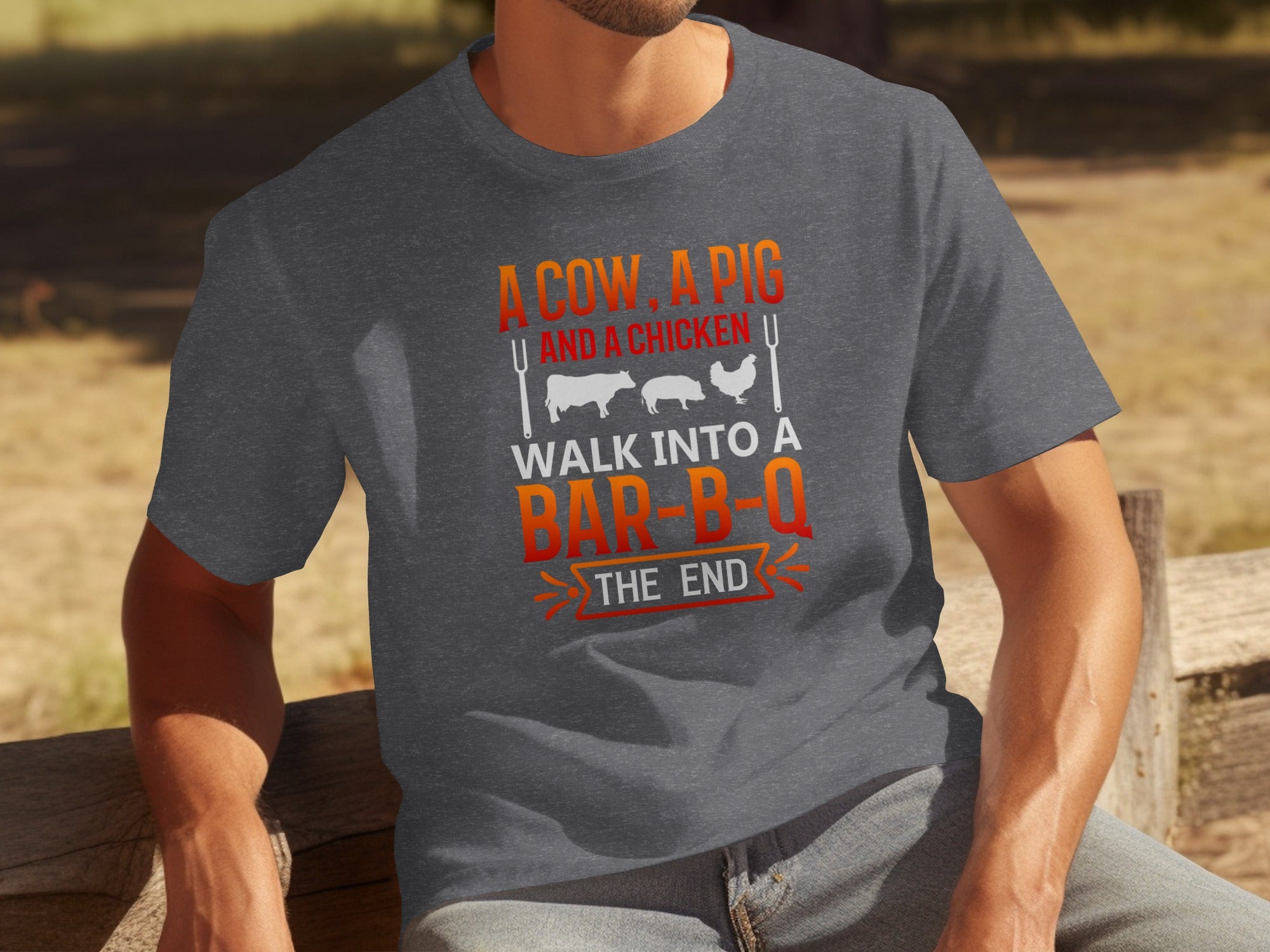 T-shirt with text "Bar-B-Q The End" and cow, pig, chicken graphic.
