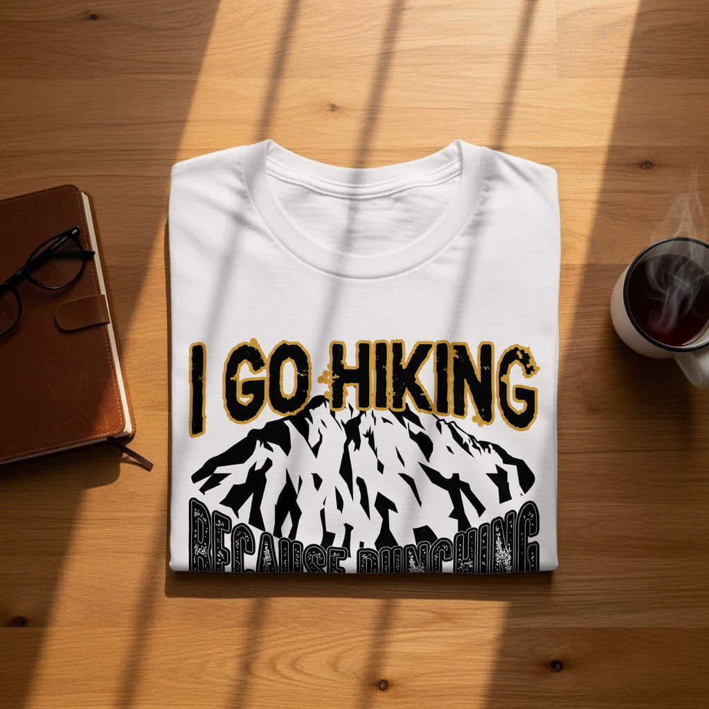 White t-shirt with "I GO HIKING BECAUSE RUNNING" design and mountain graphic.