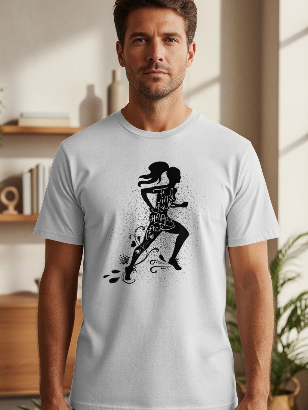 Black graphic on white t-shirt of running woman, text says "Find Your Happy Pace".