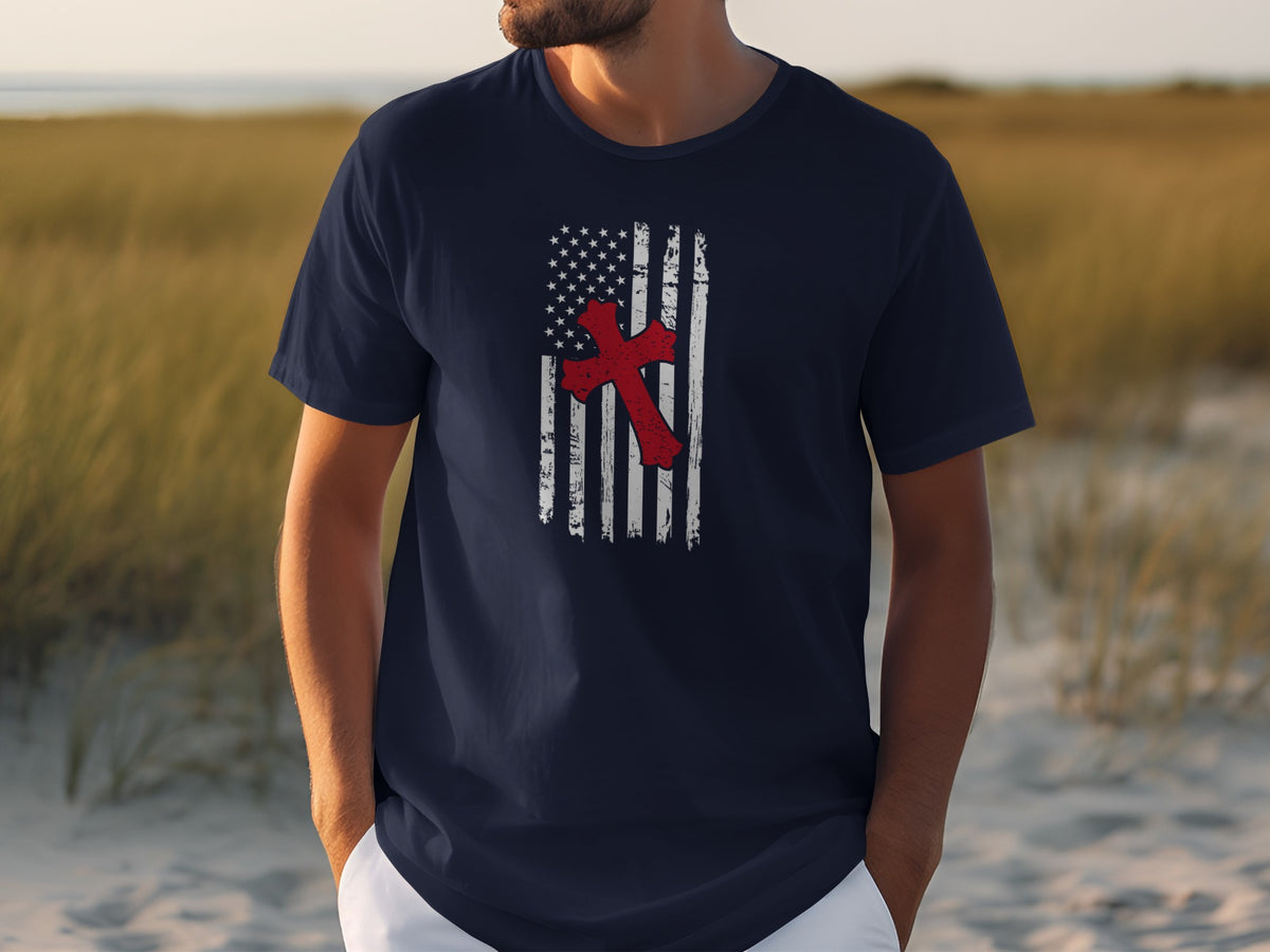 Navy t-shirt with distressed American flag and red cross design.