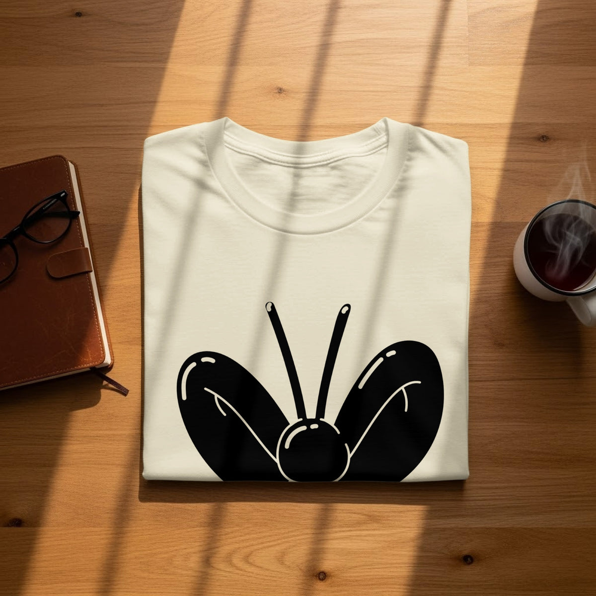 Cream t-shirt with black butterfly graphic, notebook, glasses, and coffee cup.