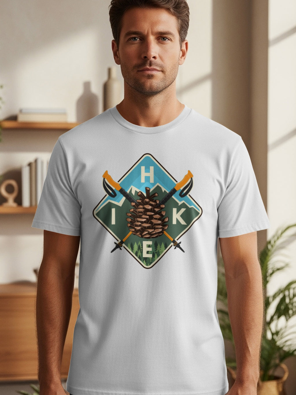 White t-shirt with a diamond graphic featuring a pinecone, mountains, and hiking poles with text "HIKE."