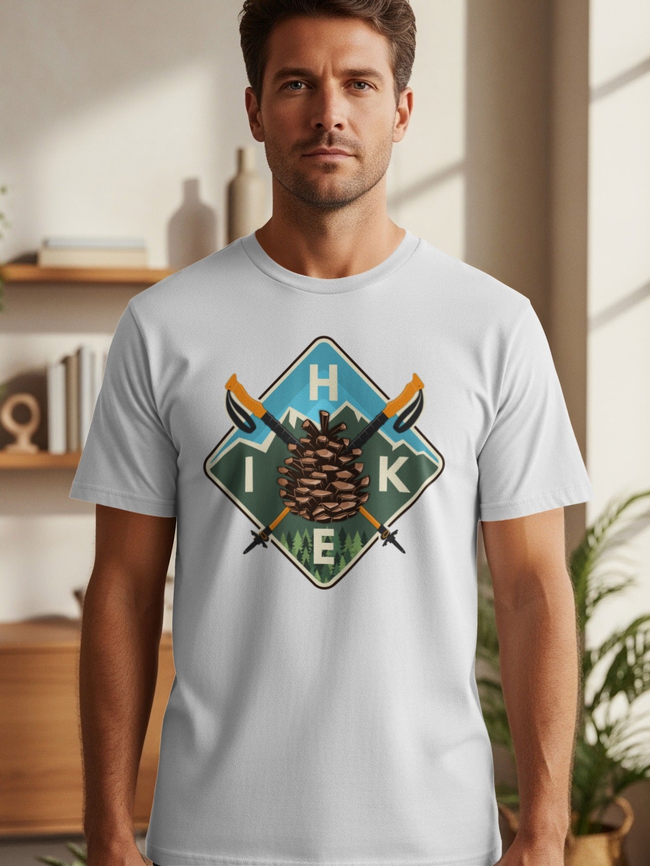 White t-shirt with a diamond graphic featuring a pinecone, mountains, and hiking poles with text "HIKE."