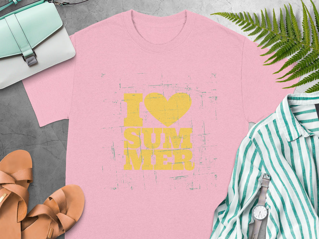 Pink t-shirt with yellow "I Love Summer" graphic and distressed texture.