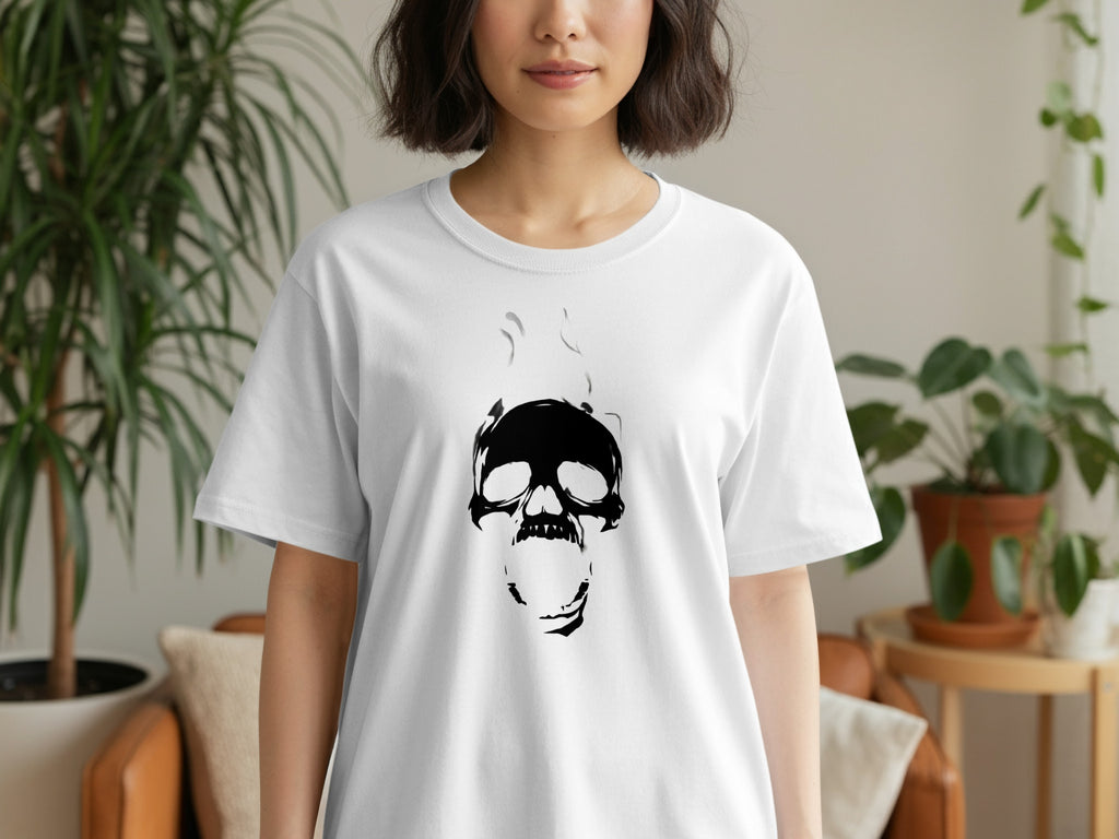 White t-shirt with a black smoking skull graphic on the front.