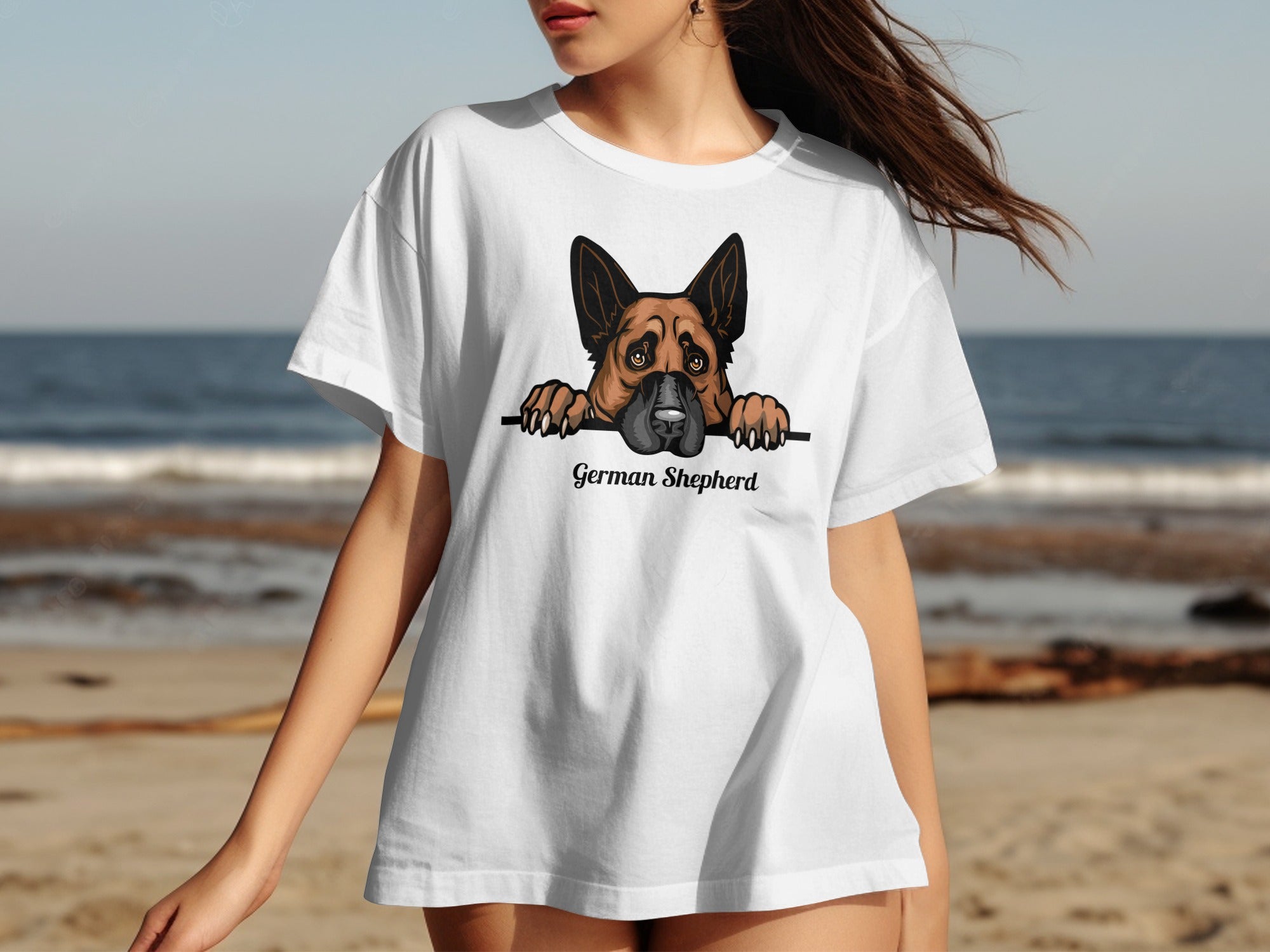White t-shirt with a German Shepherd graphic and text on the front.