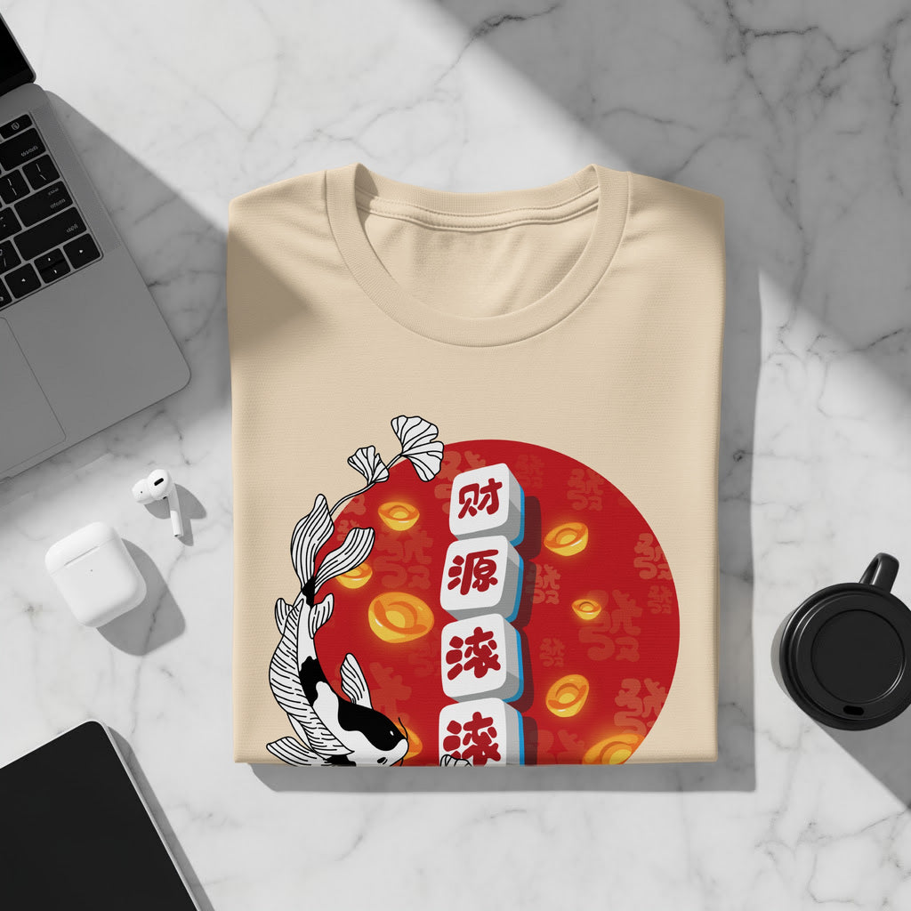 Cream t-shirt with Koi fish, Chinese characters, and gold coins.