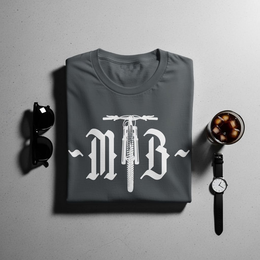 Dark grey t-shirt with "MTB" graphic featuring a bicycle front and tire.
