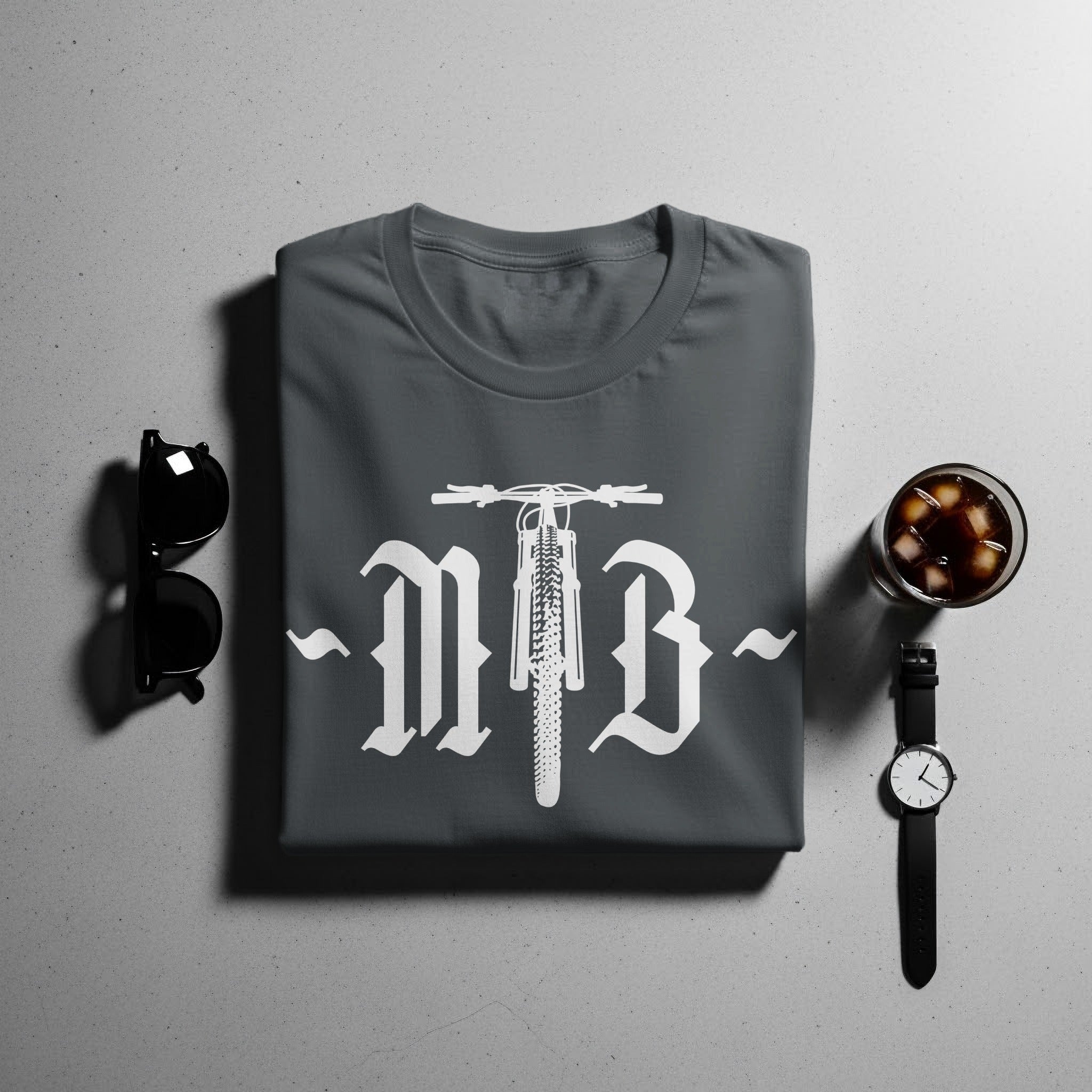 Dark grey t-shirt with "MTB" graphic featuring a bicycle front and tire.
