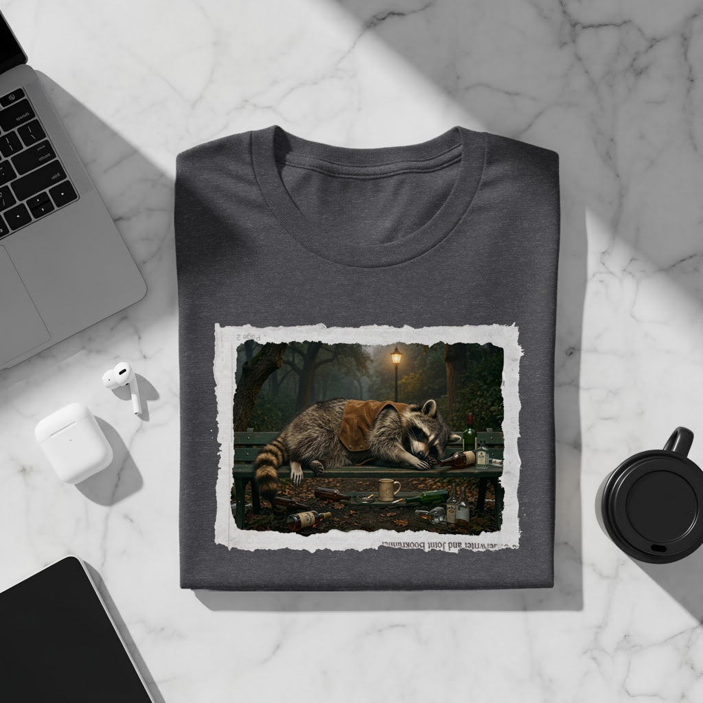 T-shirt featuring a graphic of a raccoon sleeping on a park bench with bottles.
