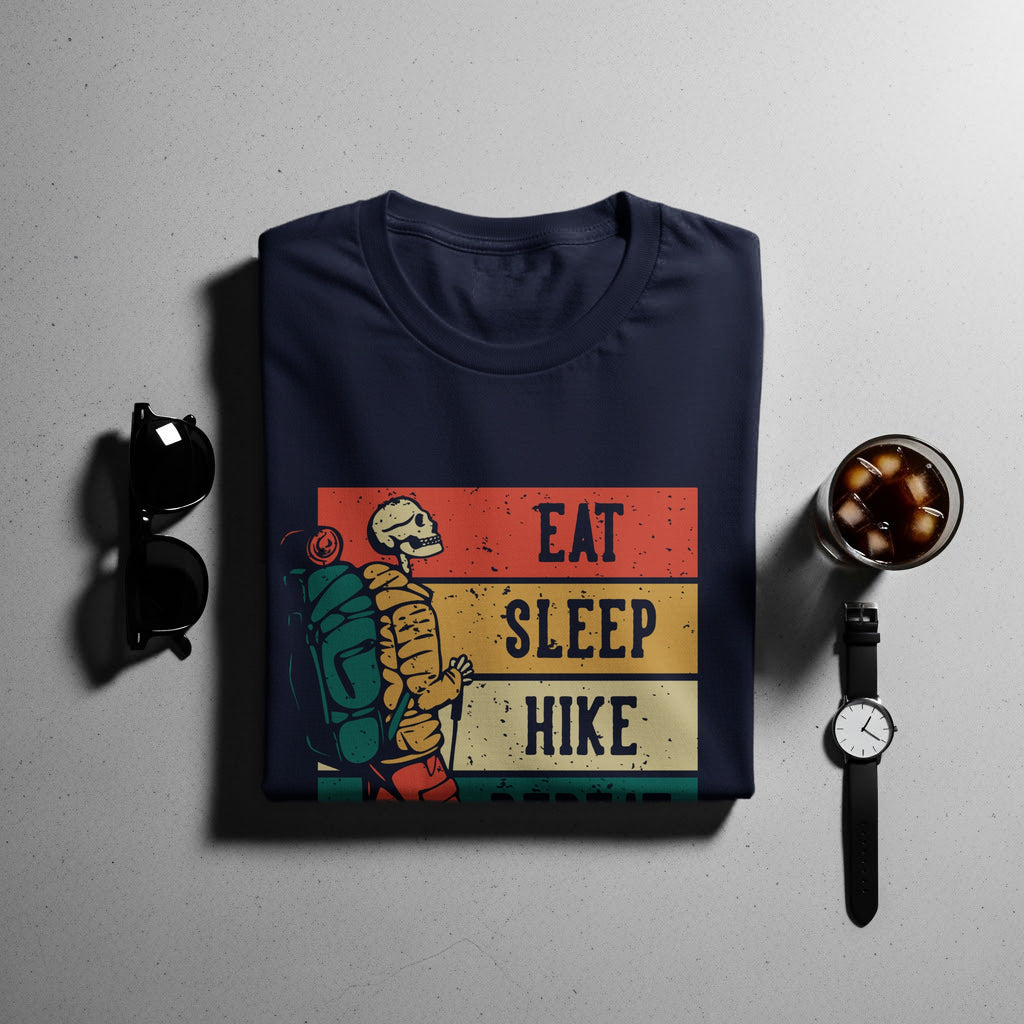 Navy t-shirt with skeleton hiker graphic and text "Eat Sleep Hike".