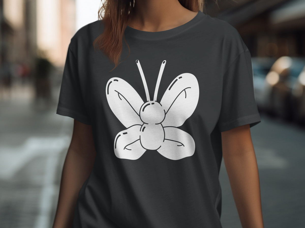 Dark grey t-shirt with a white line-art butterfly design.