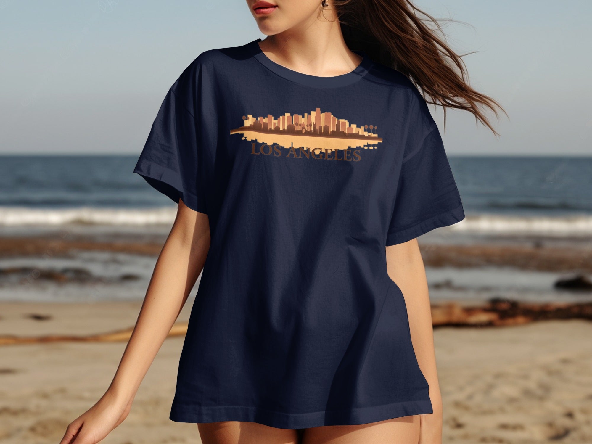 Navy t-shirt with Los Angeles skyline graphic and text on front.