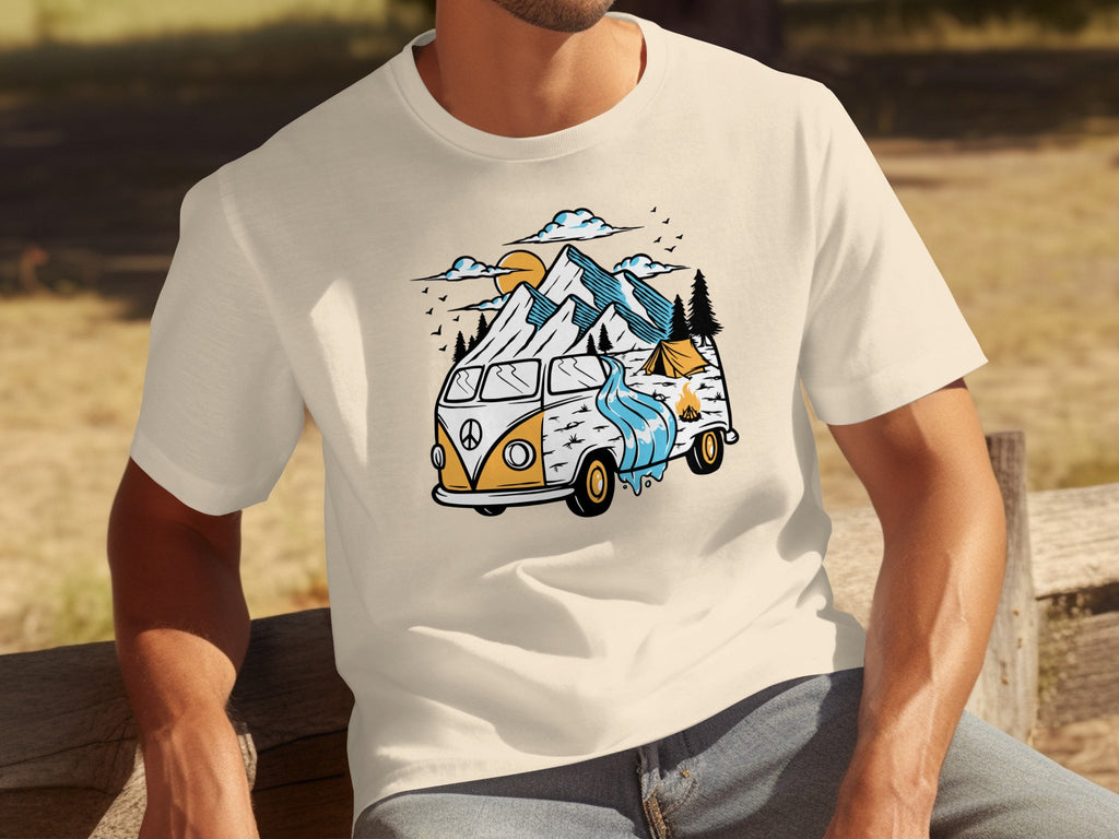 Van driving through mountains with a campfire and tent.