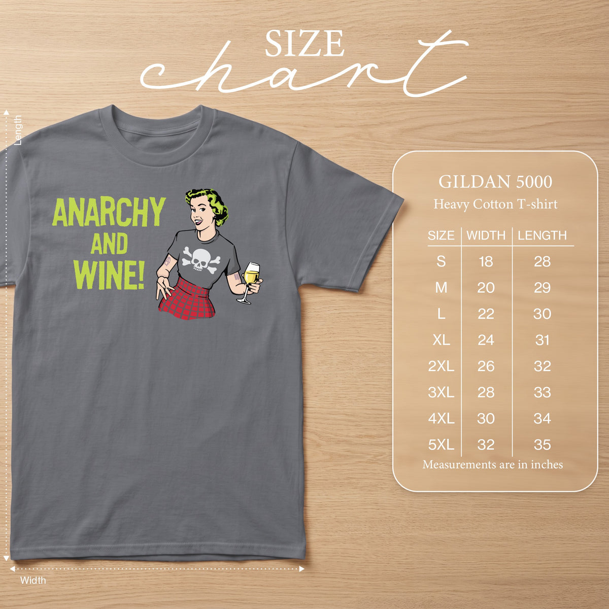 Gray t-shirt with "ANARCHY AND WINE!" text and illustration, size chart displayed.