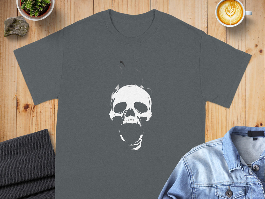 Dark grey t-shirt with a white screaming skull graphic and smoke detail.