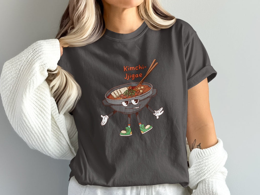 T-shirt with animated kimchi jjigae graphic and text "Kimchi-Jjigae".