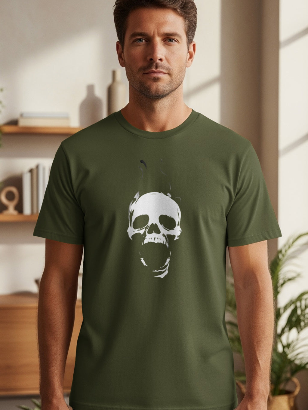 Men's olive green t-shirt with a white skull graphic on the chest.