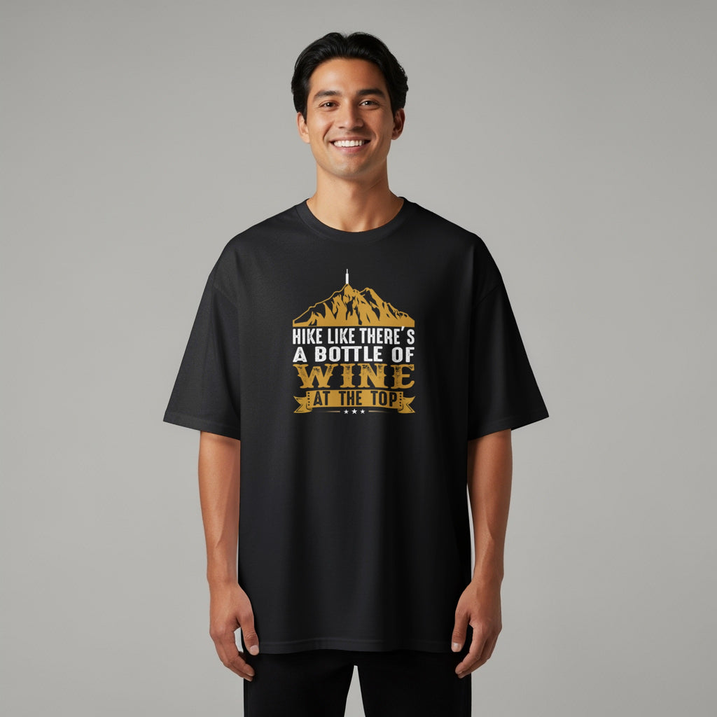 Black t-shirt with "Hike Like There's A Bottle of Wine At The Top" graphic.