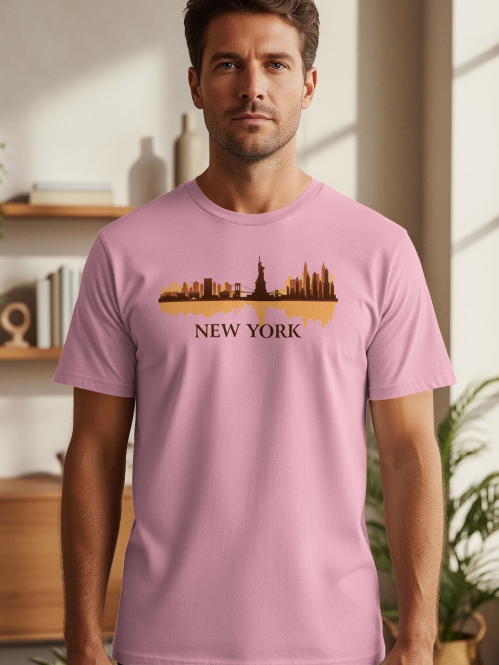 Pink t-shirt with New York skyline graphic and text.
