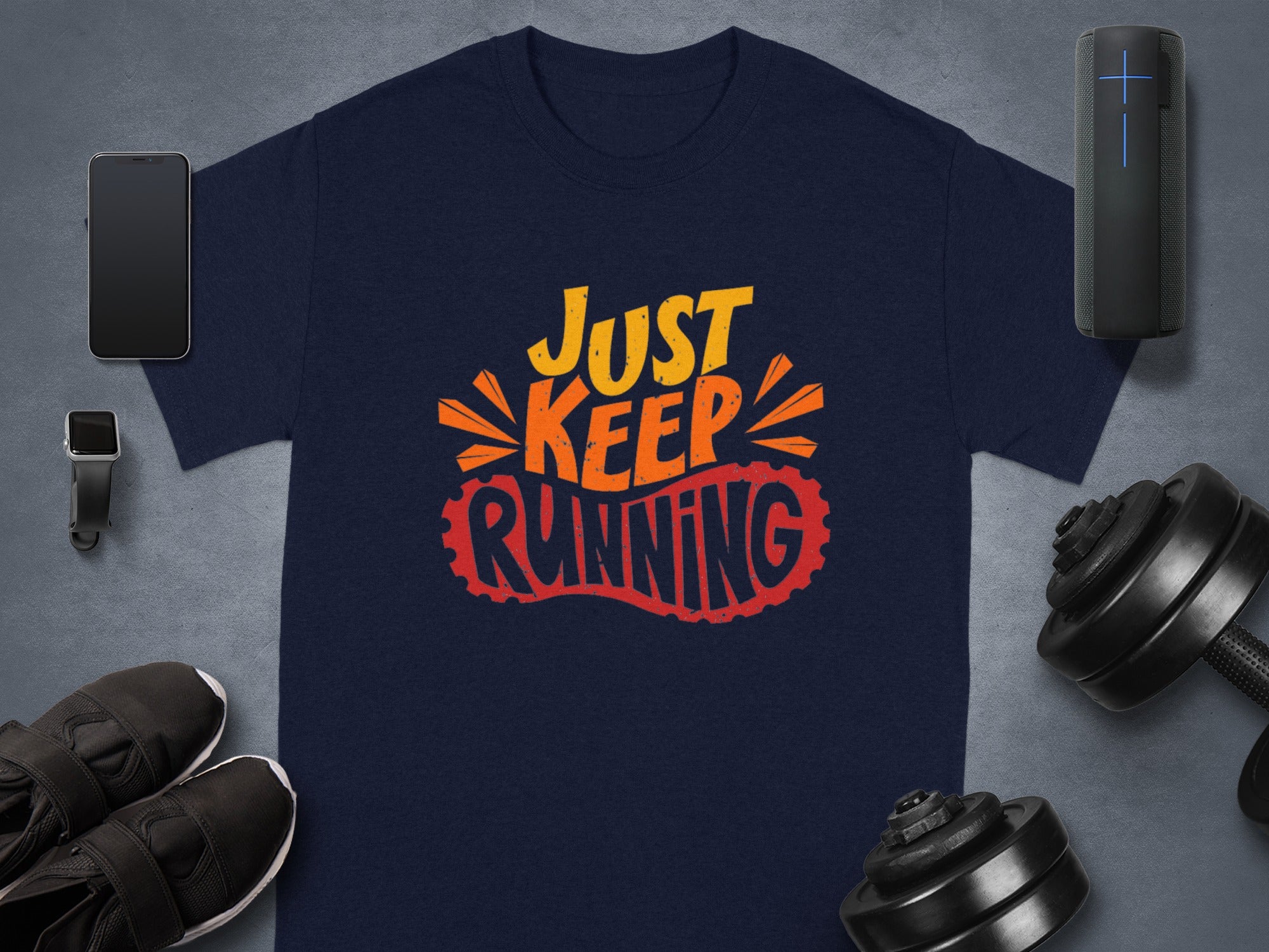 Navy t-shirt with "JUST KEEP RUNNING" text and running shoe sole graphic.