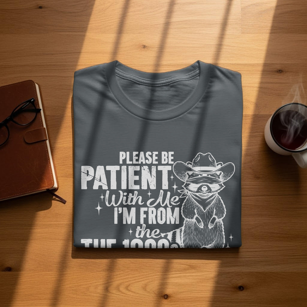 Dark grey t-shirt with a raccoon in a cowboy hat and text.
