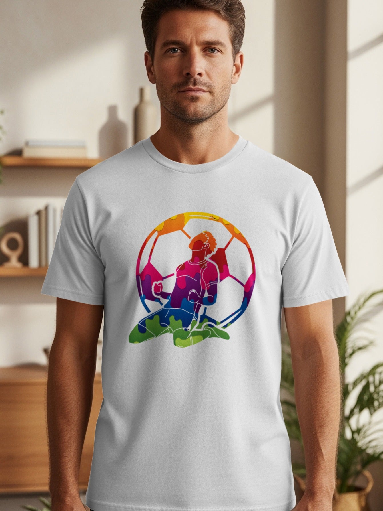 White t-shirt with a colorful soccer player silhouette inside a soccer ball graphic.