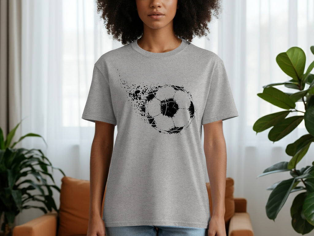 Gray t-shirt with a black, fragmented soccer ball graphic.