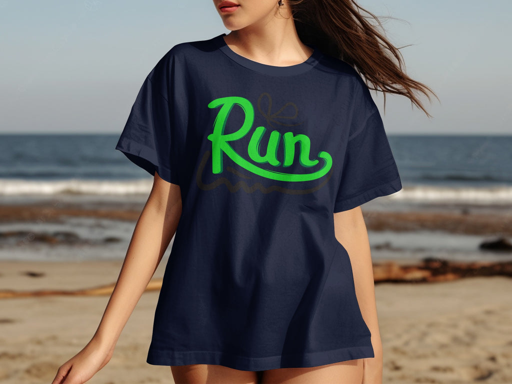 Navy t-shirt with green "Run" graphic on a beach background.