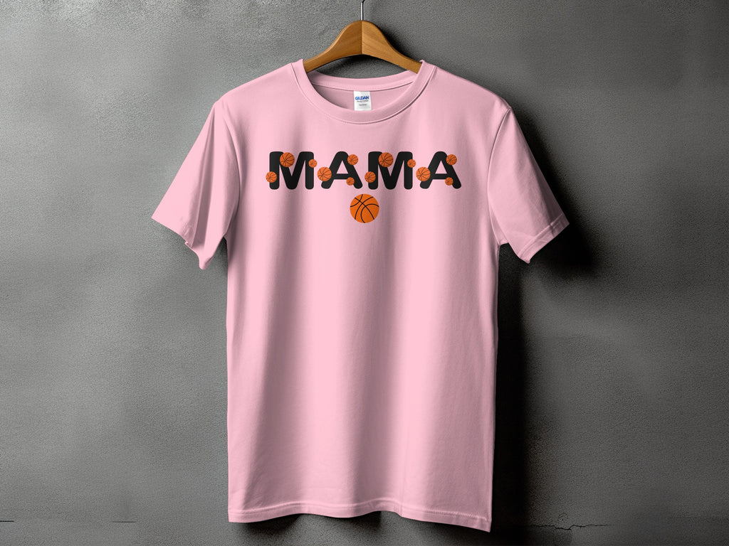 Pink t-shirt with "MAMA" text design featuring basketballs.