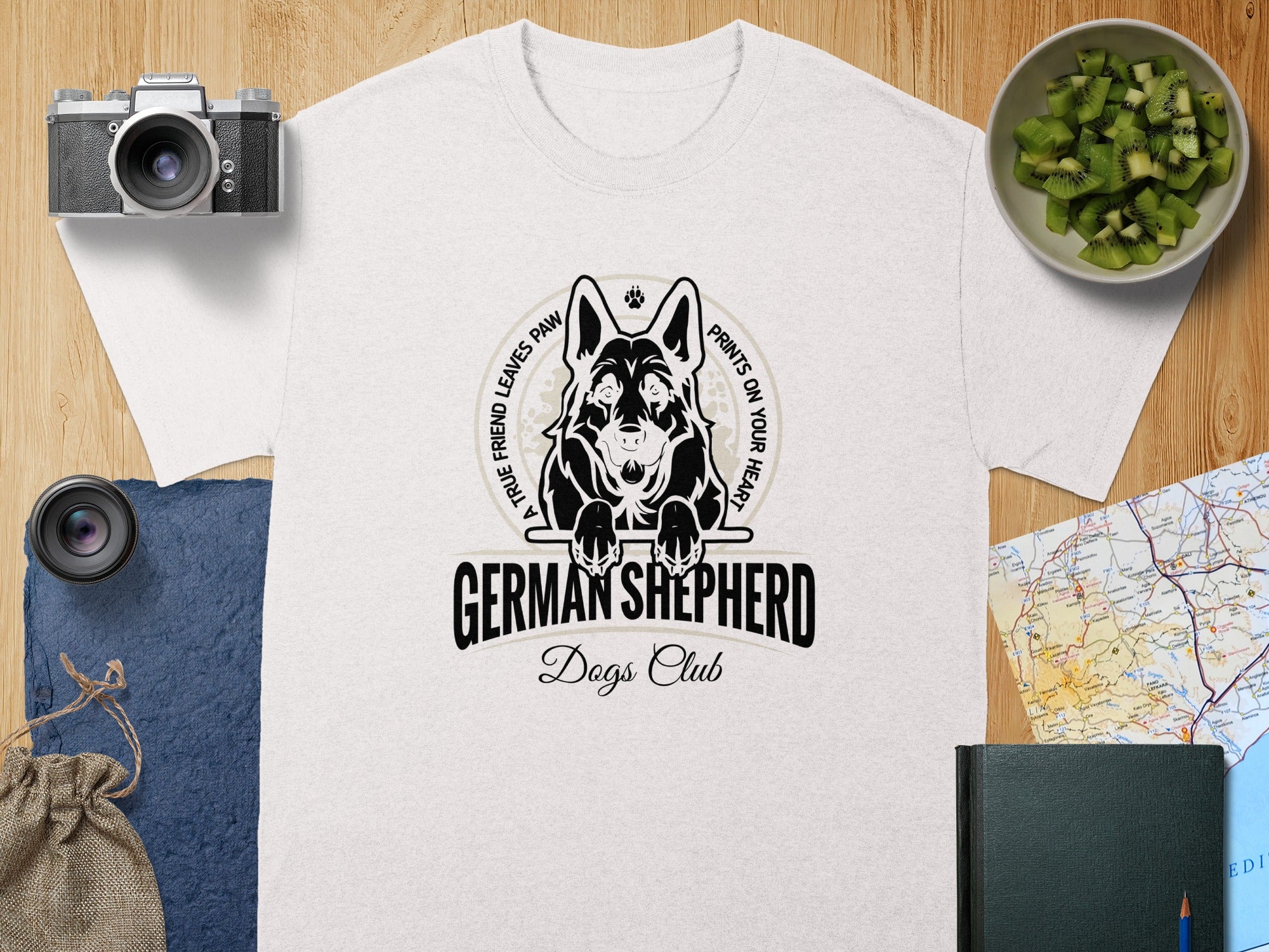 White t-shirt with German Shepherd Dogs Club logo featuring dog's face and paw prints.