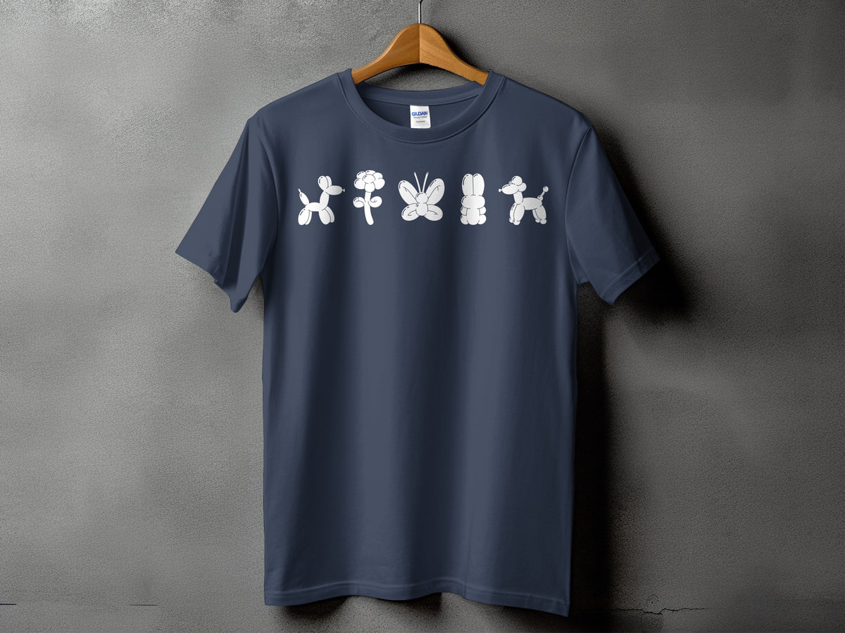 Dark blue t-shirt with white balloon animals: dog, flower, butterfly, rabbit, poodle.